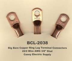 5 Bare Battery COPPER Ring Terminal Connectors #2/0 Wire Gauge AWG 3/8″ Stud USA