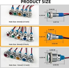 5Pcs 12V 24V 110V AC DC 8mm 5/16 Inch Metal LED Indicator Light Size: 8mm（12V）