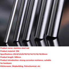 304 Stainless Steel Round Metal Bar Solid Rod Dia 3/4/5/6/8/10~20mm Length 500mm