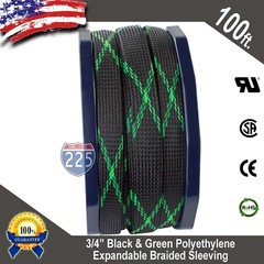 100 FT 3/4″ Black Green Expandable Wire Sleeving Sheathing Braided Loom Tubing