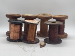 Vintage wooden spools with copper wire, 7 different pieces
