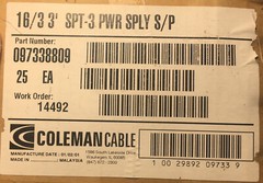 Coleman 097338809, 16/3 3FT SPT, Replacement PWR Supply Cord Box of 25 Loc S4B1