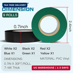 9 Rolls Coloured Electrical Tape – Professional White Black Red Green Blue Yello