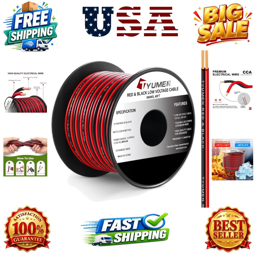 40FT 18 Gauge 2pin 2 Color Red Black Cable Hookup Electrical Wire LED Strips …