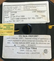 ALLIED WIRE AND CABLE 07-24-7T-4 1000′ HOOK UP WIRE 24 AWG YELLOW (EST1000′)