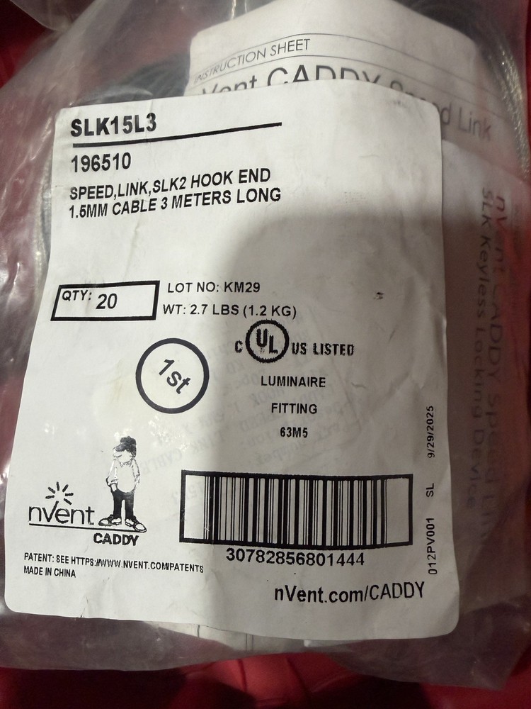 nVent Caddy SLK15L3 196510 Hook End 1.6mm Cables 20 Pack 3m Long SLK2 Hanging