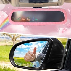 Stretchy Plush Rear View Mirror Cover Decal in Furry Pink, Laser Color: Pink2