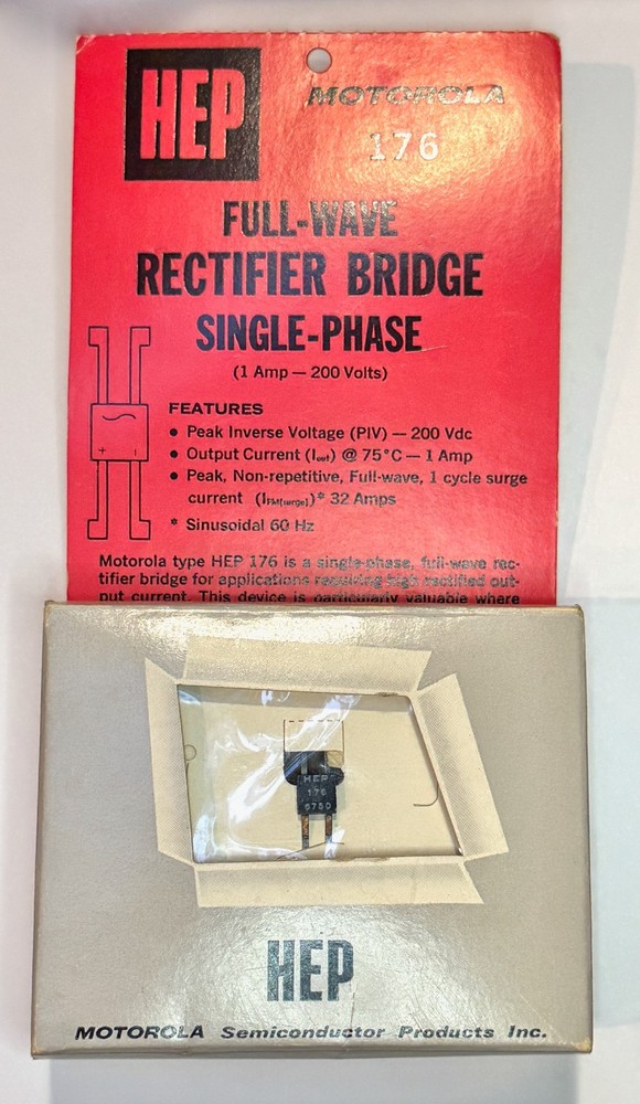 Full-Wave Single Phase Bridge Rectifier, 1.0 Amp 200 Volts Motorola HEP176