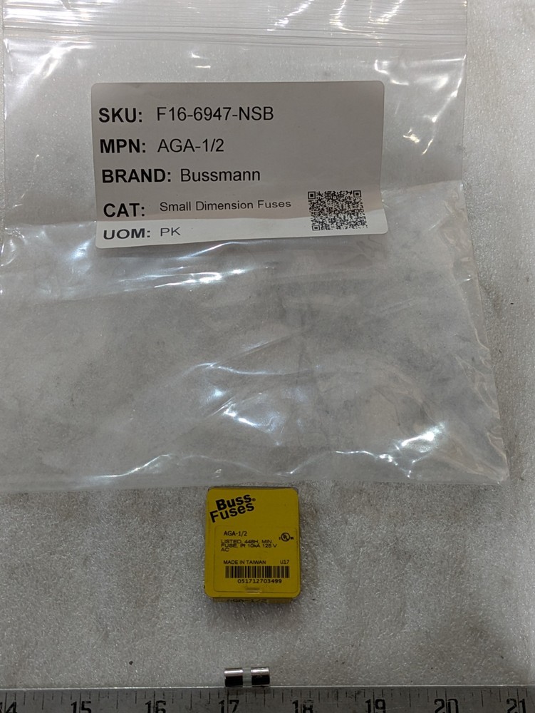 Bussmann AGA-1/2 Fast-Acting Glass Fuse 1/2A 250V Pack of 5 Electronic