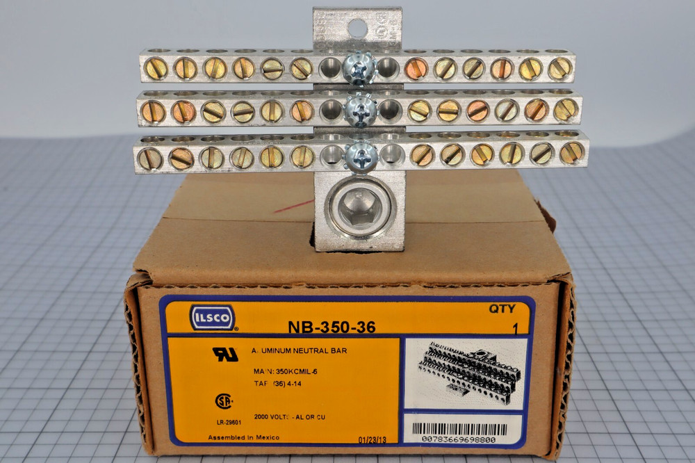 *New in Box Single* ILSCO NB-350-36 Neutral Bar 36 Taps 14-4AWG Taps 350MCM-6AWG