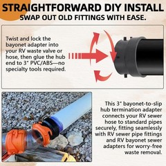 3″ RV Sewer Hose Bayonet to 3″ PVC Adapter with Thread Seal Tape, Black