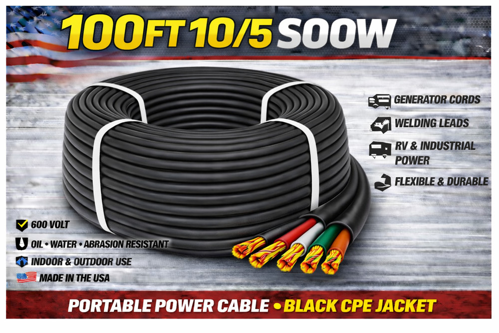 10/5 SOOW Portable Cord 100FT 600V UL CSA Black Flexible Cable USA Made