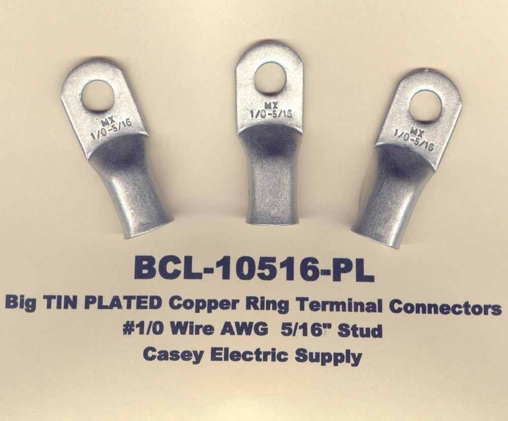 10 TIN PLATED Copper Ring Lug Terminal Connectors #1/0 Wire Gauge 5/16″ MOLEX