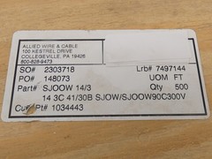 500′ Allied Wire & Cable SJOOW 14/3 Portable Cord 14AWG 300V – NEW Surplus!
