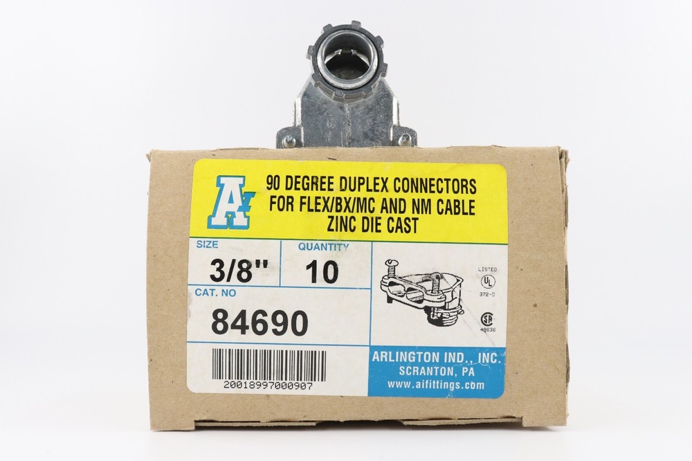 CASE OF 10 ARLINGTON 84690 3/8″ 90DEG DUPLEX CONNECTORS FOR FLEX/BX/MC, DIE/CAST