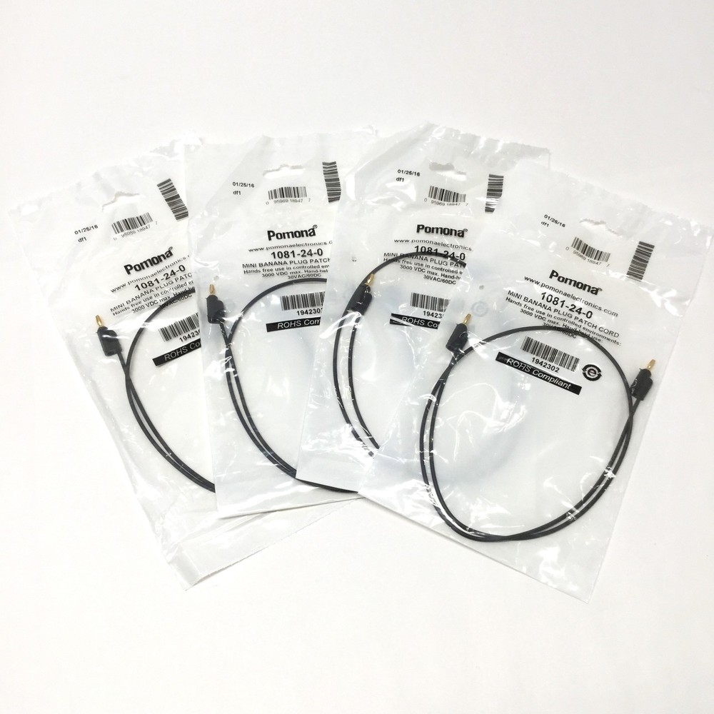 Lot of 4 Pomona 1081-24-0 Stackable Mini Banana Plug Patch Cords, Black, 24″ L