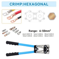 Battery Cable Lug Crimping Tool Heavy Duty 10-1 AWG W 60PC Copper Ring Terminal