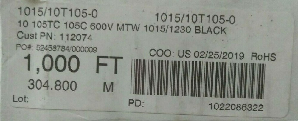 NEW 1015/10T105-0 10 105TC 105C 600V MTW 1015/1230 BLACK
