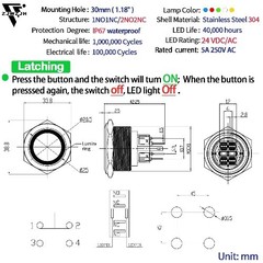 30mm Latching Push Button Switch Big Head Blue DPDT Waterproof IP67 Blue
