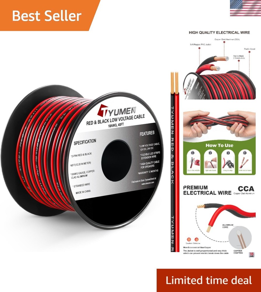 40FT 18 Gauge 2pin 2 Color Red Black Cable Hookup Electrical Wire LED Strips …