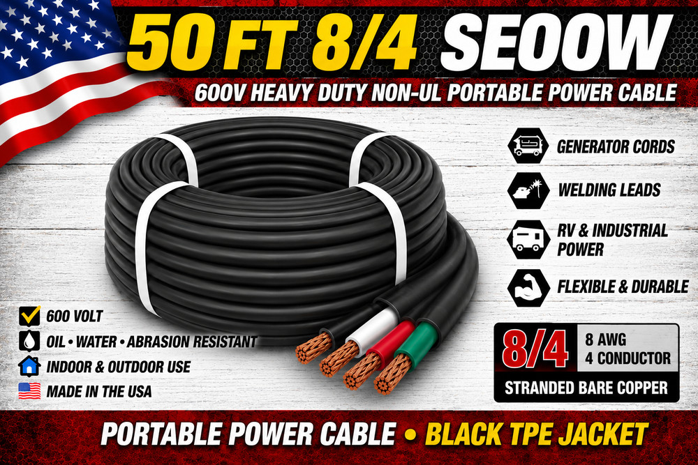 50 FT 8/4 SEOOW Cord 600V Heavy Duty Indoor Outdoor Portable Power Cable Produ