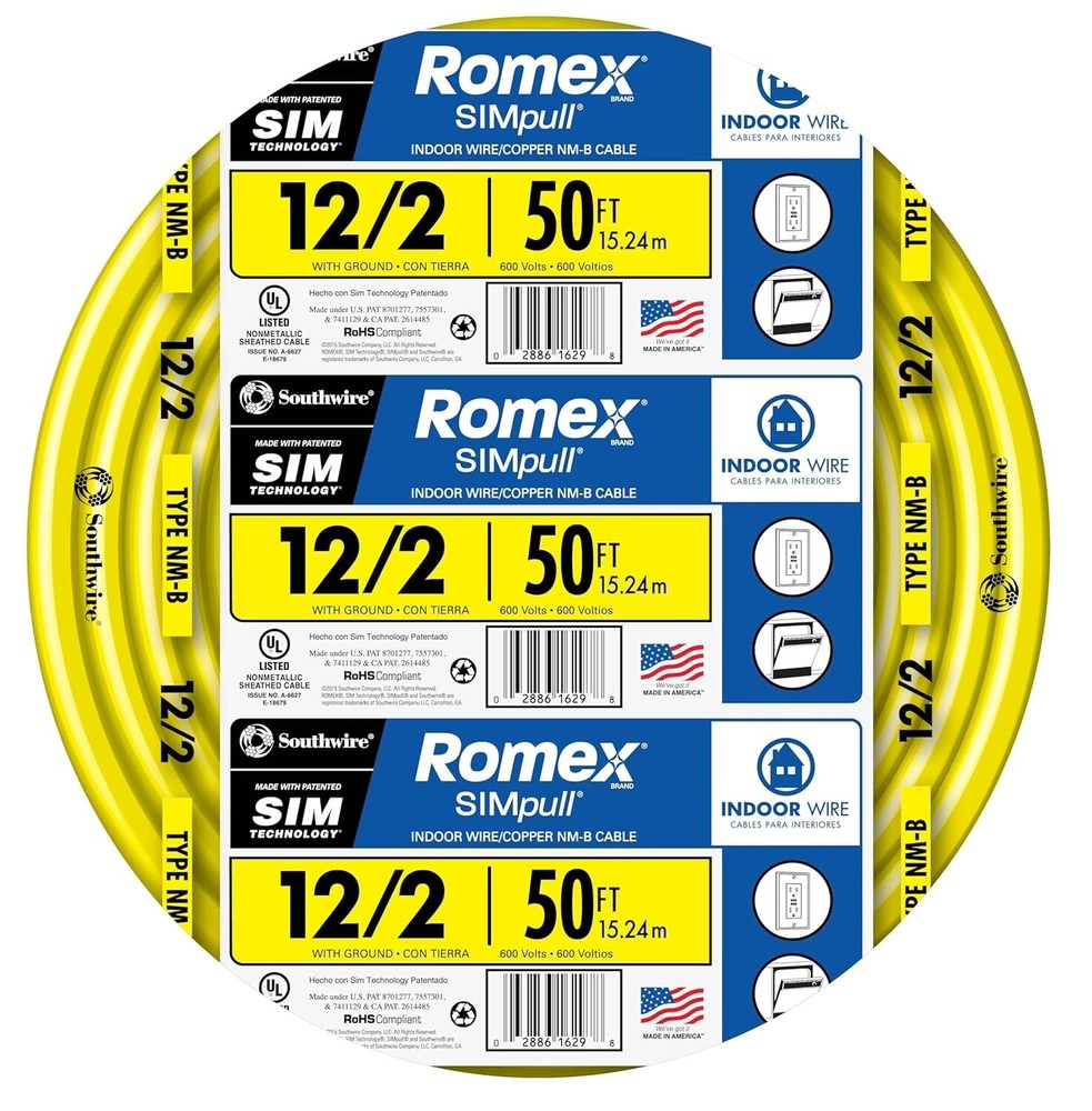 Romex Brand Simpull Solid Indoor 12/2 W/G NMB Cable 50ft coil – SW# 28828222