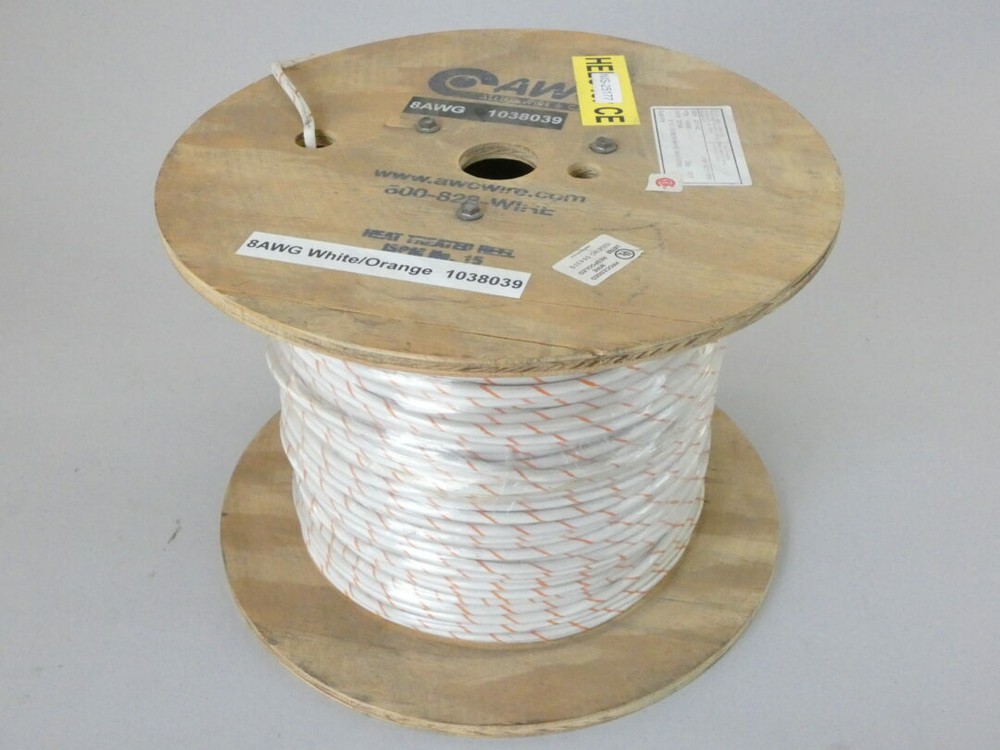 820′ Allied Wire and Cable Wire Spool Reel, 8 AWG, White/Orange – NEW Surplus!