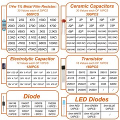 Electronics Component Set with LED Diodes, Resistors, and Capacitors Included