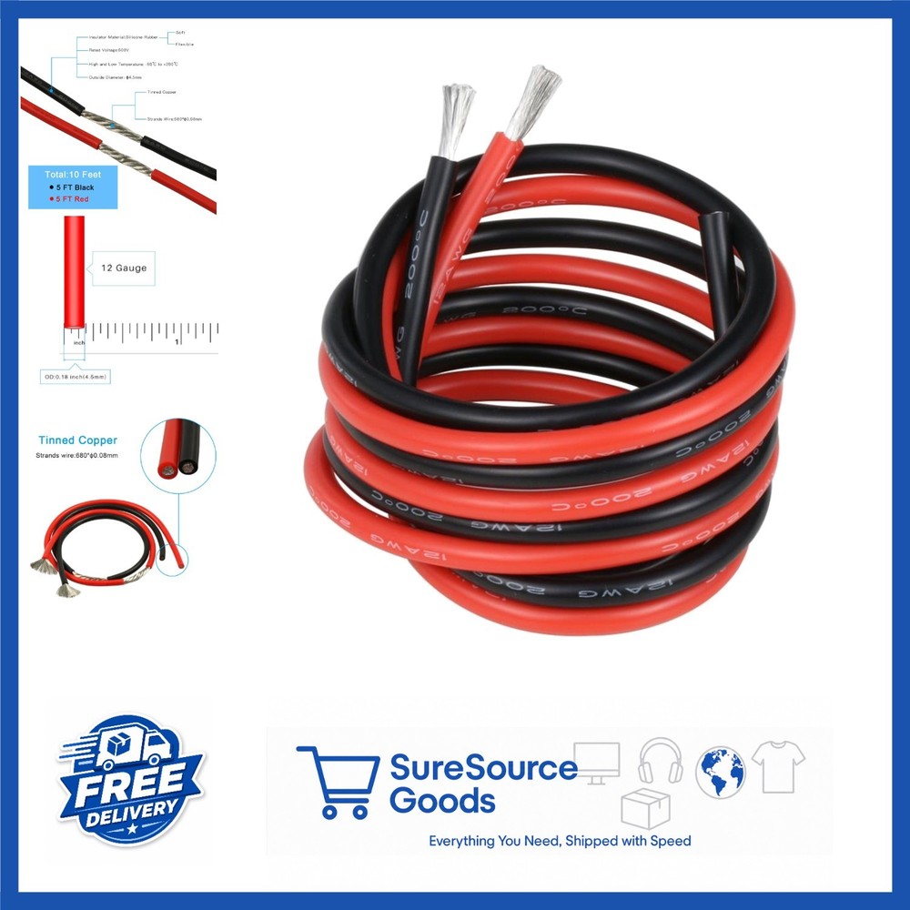 12 AWG Silicone Wire 10 ft Total Red and Black Stranded Copper for Appliances