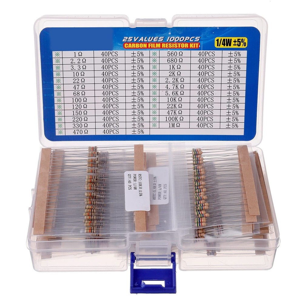 1000 Pcs 25 Values Resistor Kit 1 Ohm-1M Ohm with 5% 1/4W Carbon Film Resistors