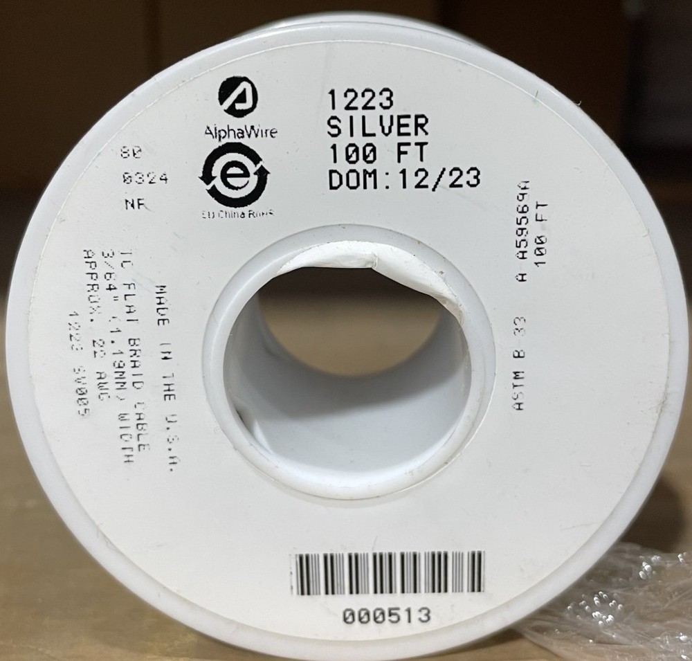 Alpha 1223 SV005 Flat Braid, 22 AWG, 24×36, Tinned Copper, 0.047″ x 0.02″, 100ft