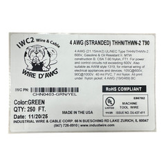 250 FT THHN/THWN-2 T90 WIRE- 4 AWG 19/STR BC GREEN MADE IN USA!