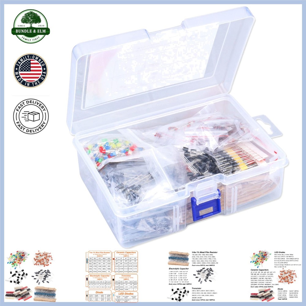 Electronics Component Set with LED Diodes, Resistors, and Capacitors Included