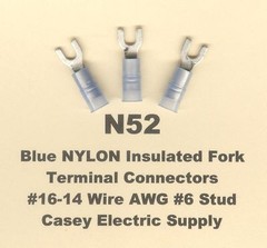 25 Blue NYLON Insulated FORK SPADE Terminal Connector #16-14 Wire Gauge #6 Stud