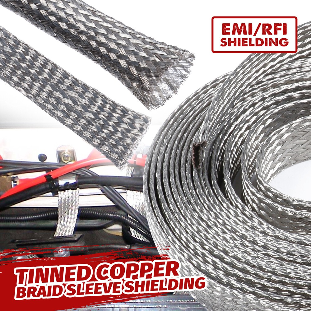 Tinned Copper Metal Braid Tube Sleeving Car EMI/RFI Ground Strip Cable Shielding