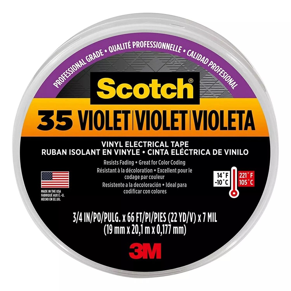 3M Scotch Vinyl Color Coding Electrical Tape 35, 3/4 in x 66 ft, Violet