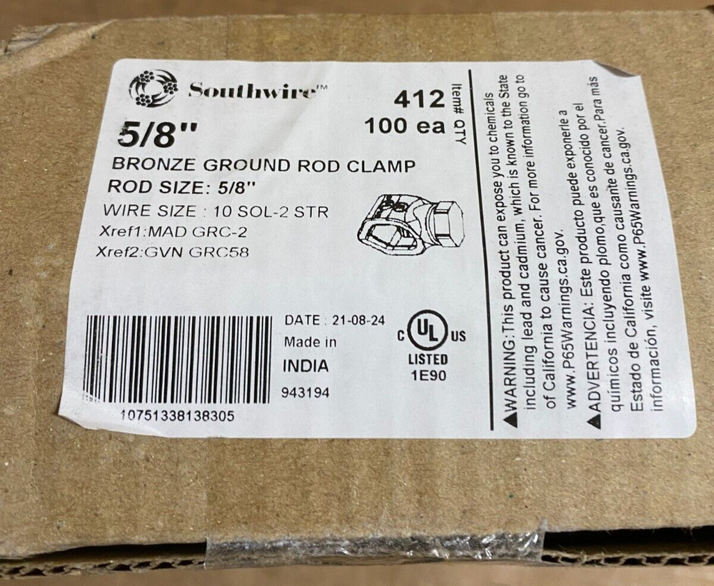Southwire Bronze Ground Rod Clamps 5/8″ 412 100EA