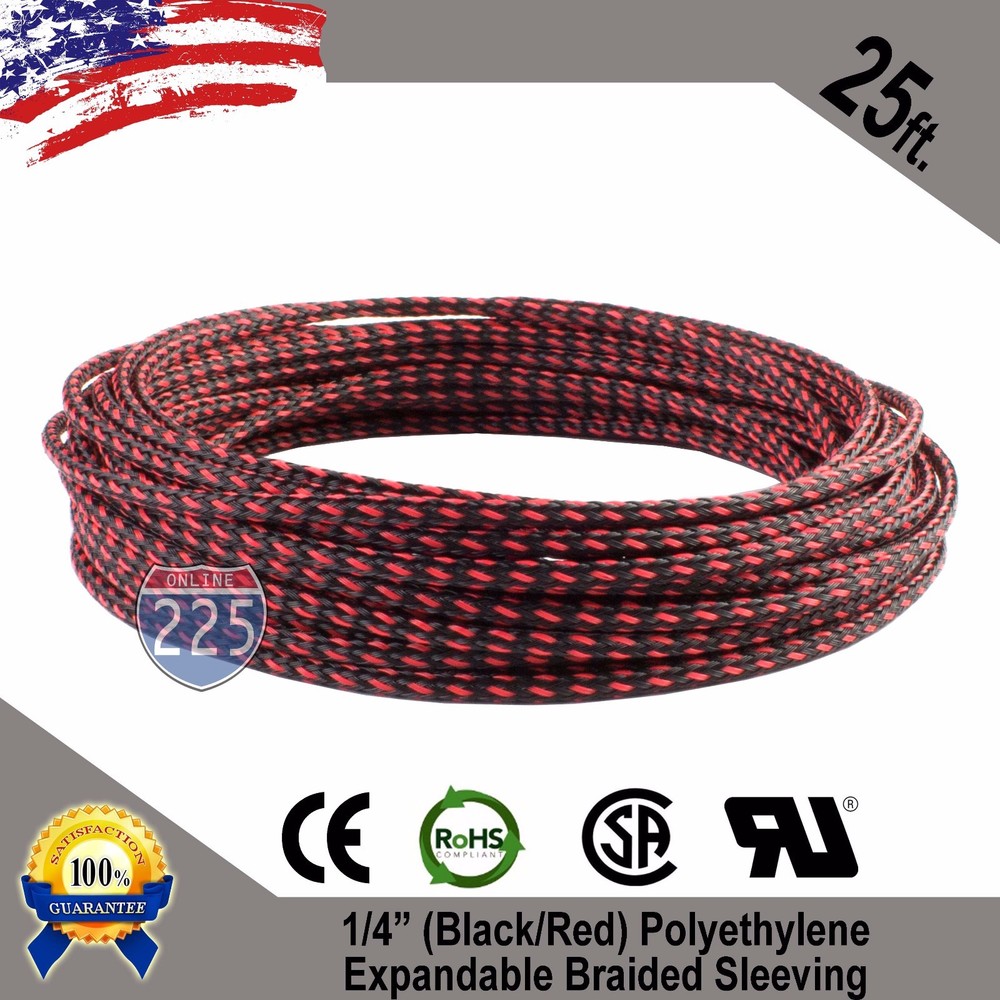 25 FT 1/4″ Black Red Expandable Wire Sleeving Sheathing Braided Loom Tubing US