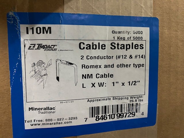 (Case of 5,000) I10M – Cully-Minerallac – Cable Staples 1″ x 1/2″ (NEW)