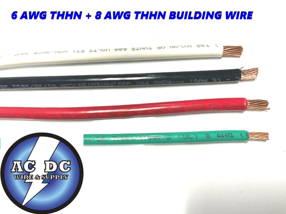 60′ EA THHN THWN 6 AWG GAUGE BLACK WHITE RED COPPER WIRE + 60 8 AWG GREEN