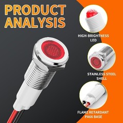 4 Pieces 12V LED Metal Indicator Lights 10mm IP67 Waterproof Low Power Pilot