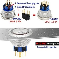 30mm Latching Push Button Switch Big Head Blue DPDT Waterproof IP67 Blue