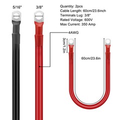 2 pcs 4 AWG Gauge 24inch Battery Cable 5/16 or 3/8 Copper Car Solar Power Wire
