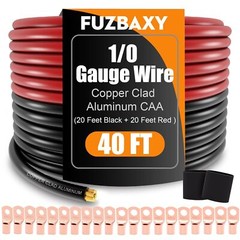 AWG 1/0 Gauge Wire (20 Feet Black+20 Red) Copper Clad Black, Red