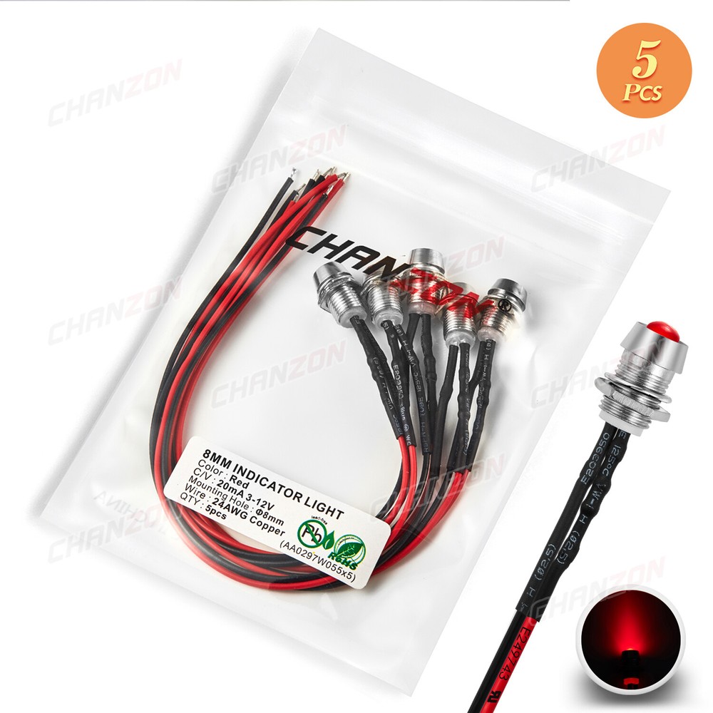 5Pcs Red 12V 8mm Diffused Prewired LED Indicator Light Pilot Lamp Bulb Single