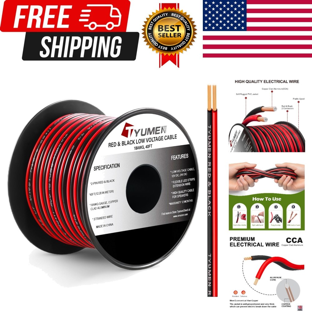 40FT 18 Gauge 2pin 2 Color Red Black Cable Hookup Electrical Wire LED Strips …