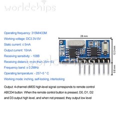 10pcs 315Mhz/433Mhz Wireless 4CH RF Receiver 1527 Learning Code Decoder Module