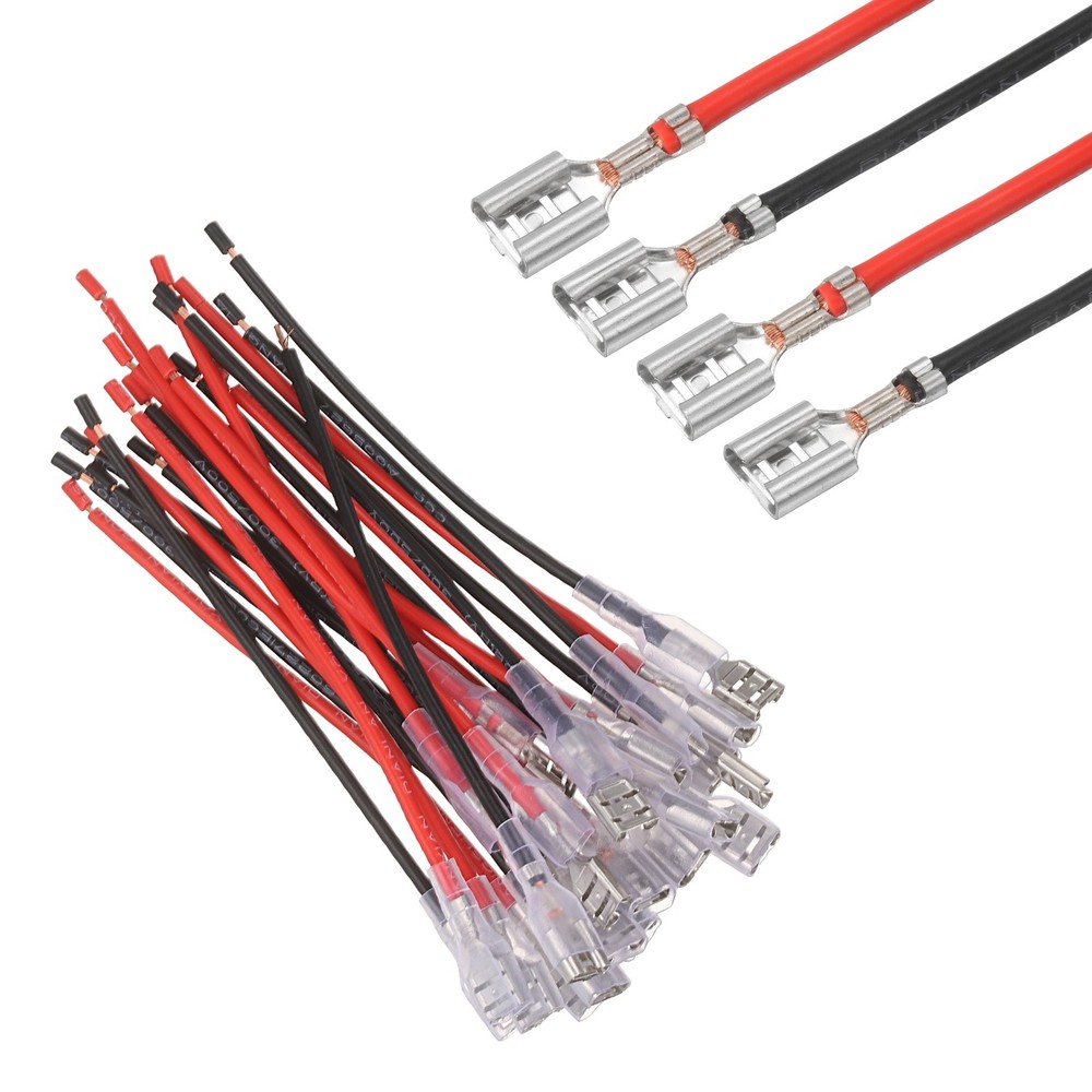 20Pcs Female Spade Crimp Terminal 6.30mm 10cm Wires, Red/Black