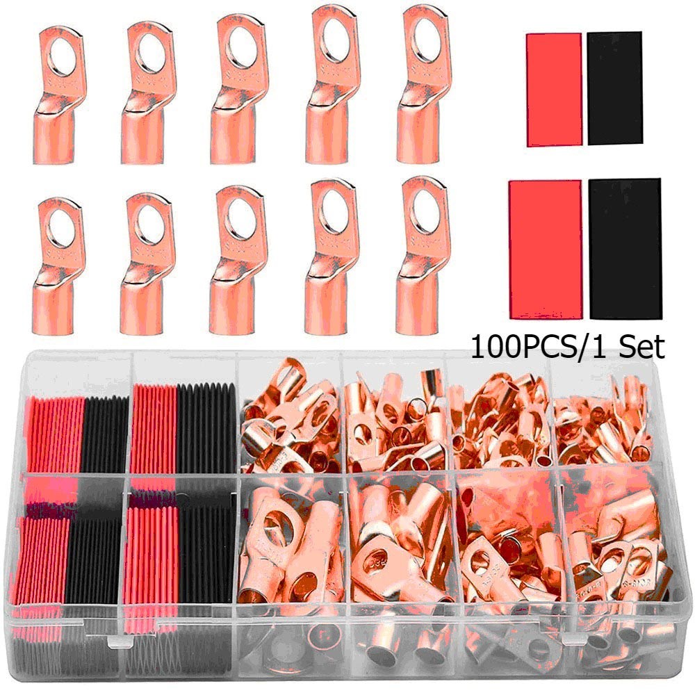100Pcs Copper Wire Lugs Terminal Kit Assortment with Heat Shrink Tubing for Auto
