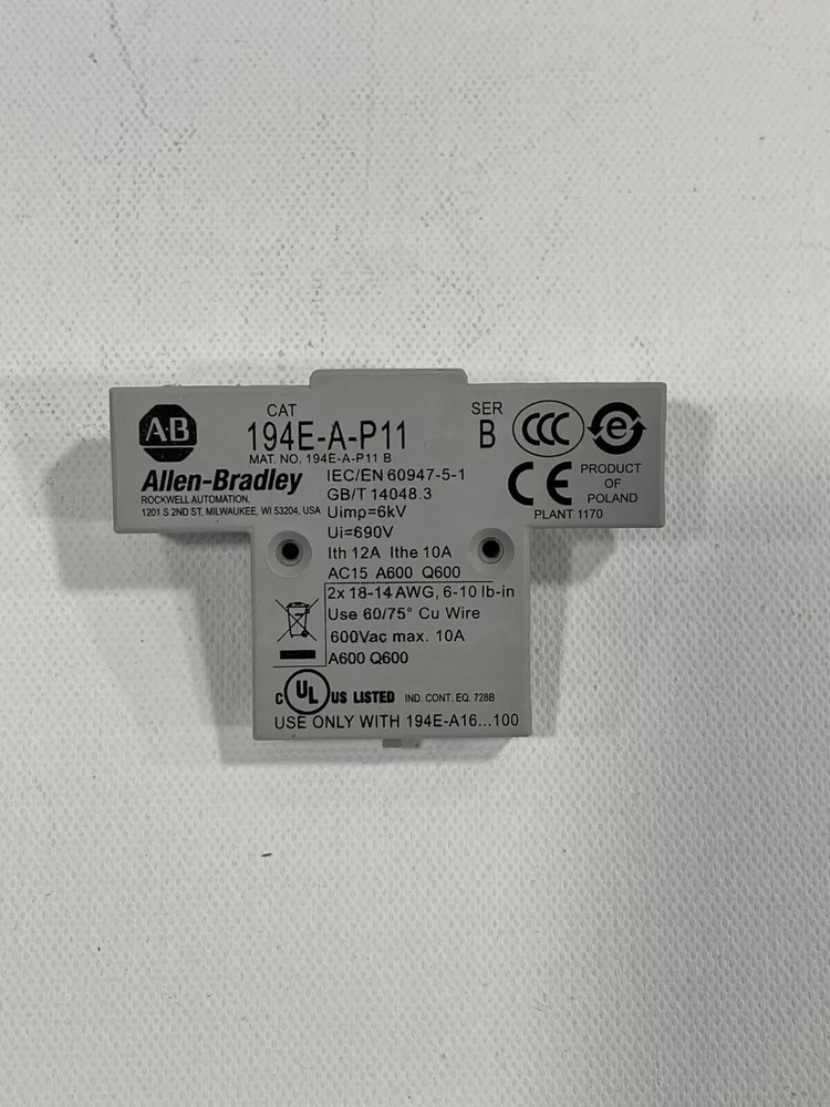 NEW! Allen Bradley 194E-A-P11 Auxiliary Contact Block 1 NO/ 1 NC – Side Mount
